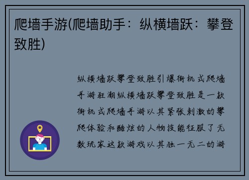 爬墙手游(爬墙助手：纵横墙跃：攀登致胜)